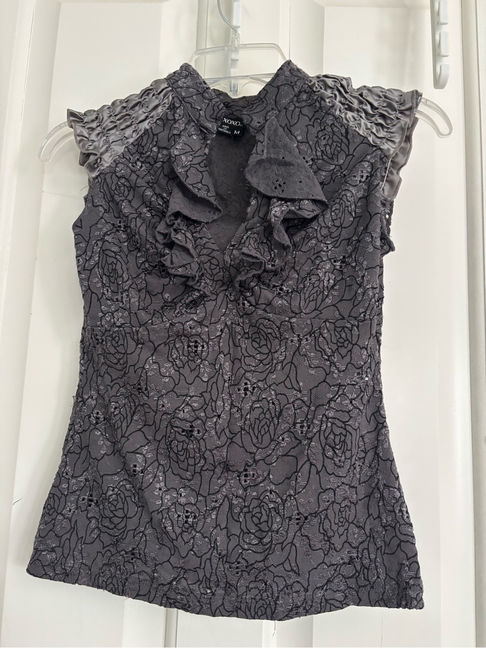 XOXO Charcoal Ruffled Lace Floral Blouse Medium